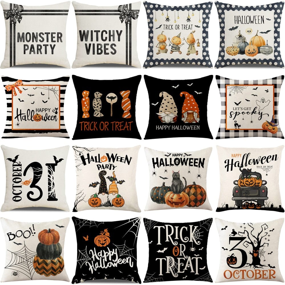 GeckoCustom Halloween Decorations Cushion Cover 45cm Linen Pillow Cover Funny Pumpkin Candy Cobweb Printed Pillow Case Home Decor Pillowcase