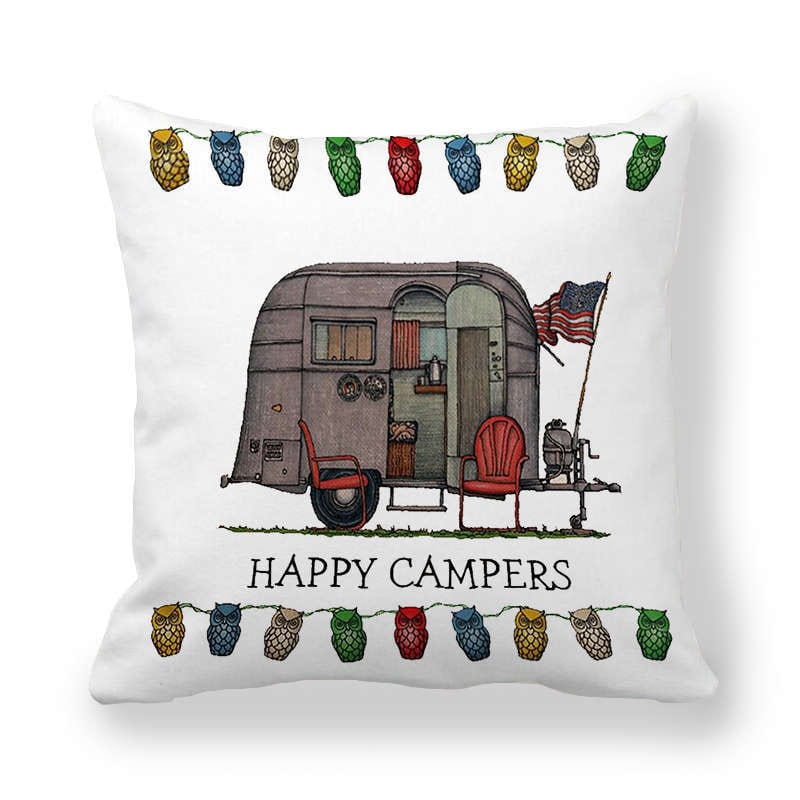 GeckoCustom Happy Camper Pillow Case Owl Camper Throw Pillow Case Cover Decorative Pillowcases 45*45CM Car Pillowcase hoofdkussen almohada 10 / 450*450mm