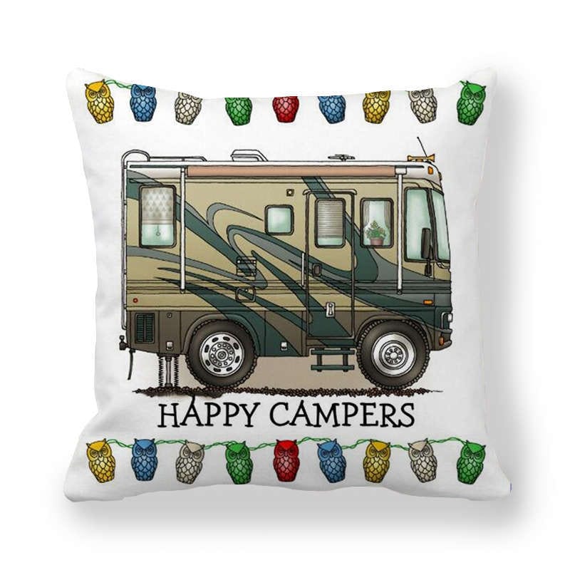 GeckoCustom Happy Camper Pillow Case Owl Camper Throw Pillow Case Cover Decorative Pillowcases 45*45CM Car Pillowcase hoofdkussen almohada