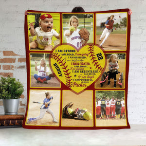 GeckoCustom I Am Strong Passionate Smart Brave Pitcher Catcher Softball Blanket HN590 VPM Cozy Plush Fleece Blanket 50x60 Inches