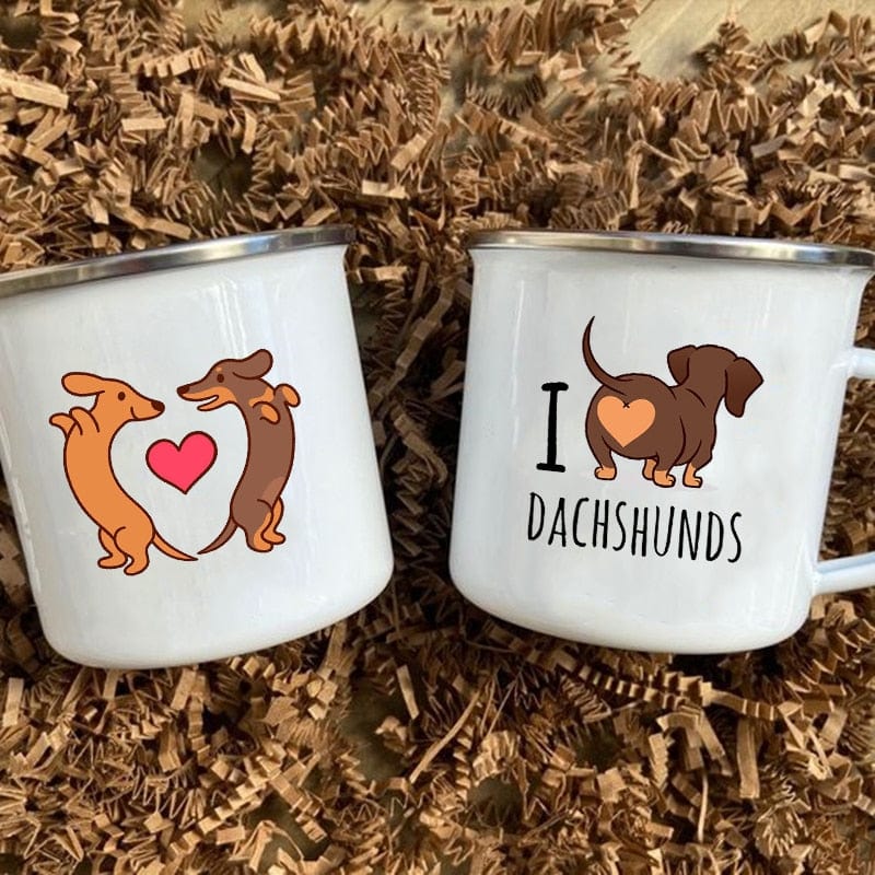 GeckoCustom I Love Dachshunds Printed Enamel Mug Creative Glass Coffee Drinks Dessert Milk Cup Glass Vintage Heatable Handle Drinkware Gifts