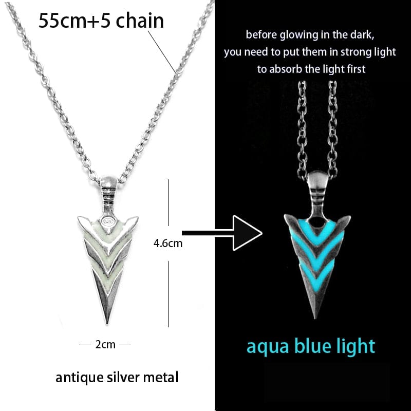 GeckoCustom Luminous Glowing Arrow Pendant Necklace Knight Spear Necklace Glow In The Dark Pike Necklace for Women Men Halloween Gift antique silver