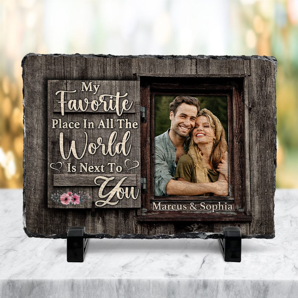 GeckoCustom My Favorite Place Is Next To You Personalized Couple Photo Rectangle Shaped Stone With Stand HO82 895100