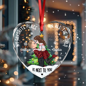 GeckoCustom Personalized Gift  My Favorite Place In The World Couple Sideview - Heart Shaped Glass Ornament LM32 891981 8 cm