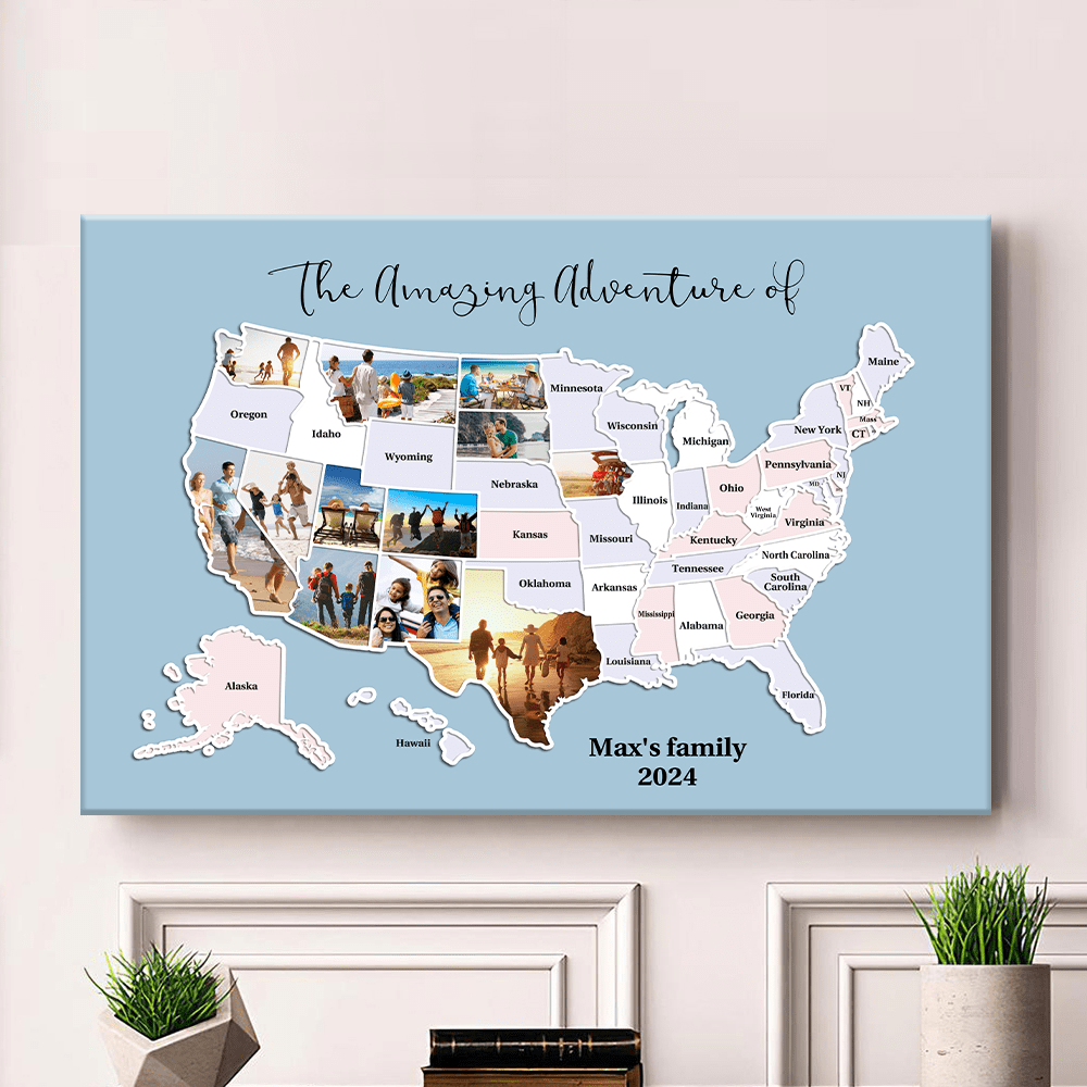 GeckoCustom Personalized USA Photo Map Canvas, 50 States Travel Map Gift HO82