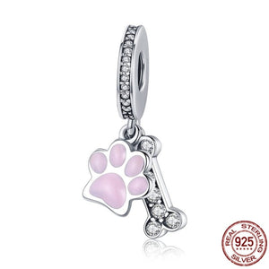 GeckoCustom Pet Paw Print & Bone Dangle Charm Authentic 925 Sterling Silver Bead Fit Original Pandora Bracelet Necklace Jewelry For Women