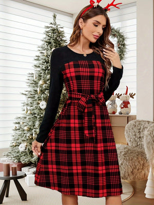 GeckoCustom Plaid Christmas Dress Black and Red Long Sleeve for Women