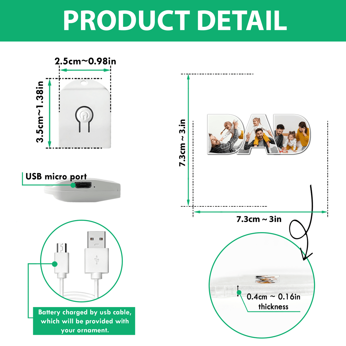 GeckoCustom Upload Photo Dad Text Christmas Acrylic LED Ornament TH10 892135 3 inches