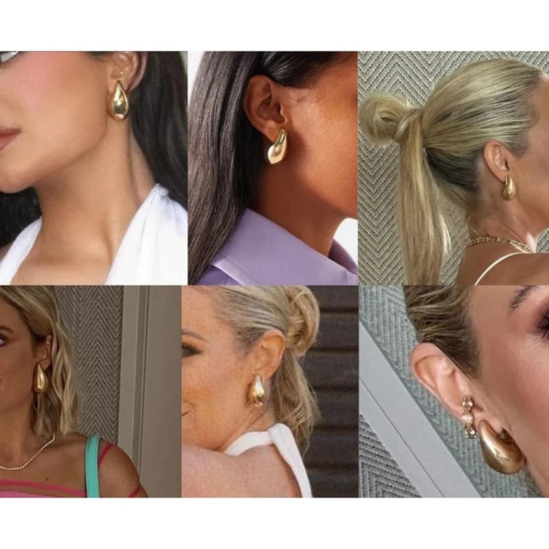 GeckoCustom Vintage Gold Plated Chunky Dome Drop Earrings for Women Glossy Stainless Steel Thick Teardrop Earrings Dupes Lightweight Hoops