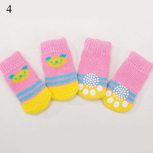 GeckoCustom Winter Warm Dog Socks Cute Cartoon Anti Slip Skid Pet Shoes Socks 4Pcs Soft Breathable Paw Protector for Small Puppy Cat Dogs 4 / S