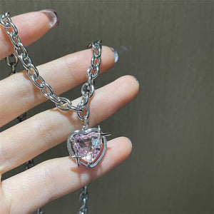 GeckoCustom Y2K Accessories Fashion Peach Heart Water Drop Pendant Necklace Pink Crystal Egirl Sweet Cool Clavicle Chain Aesthetic Jewelry