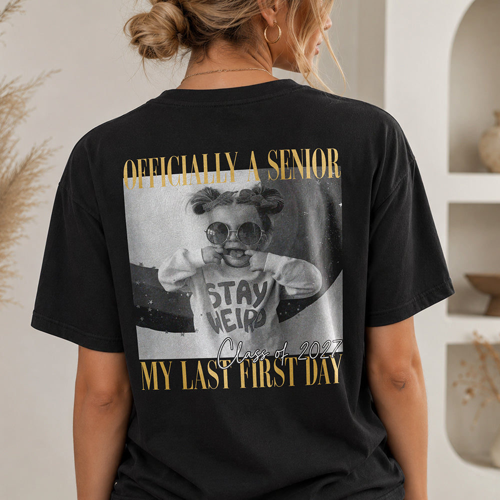 Personalised Vintage Photo And Year Senior - Officially A Senior - My Last First Day Back Dark Shirt HA75 922040