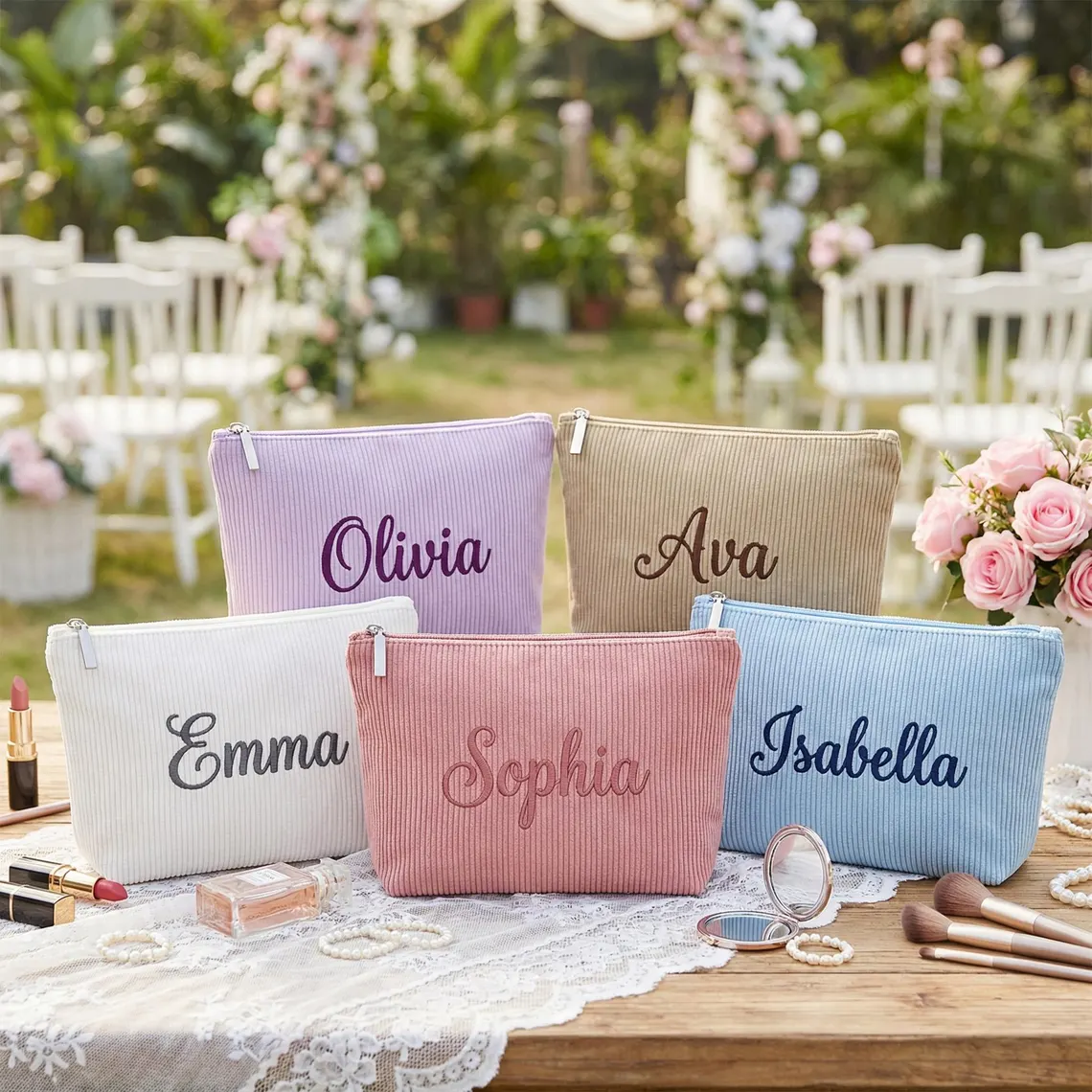 Embroidered Corduroy Cosmetic Bag, Personalized Makeup Bag TH10 170299