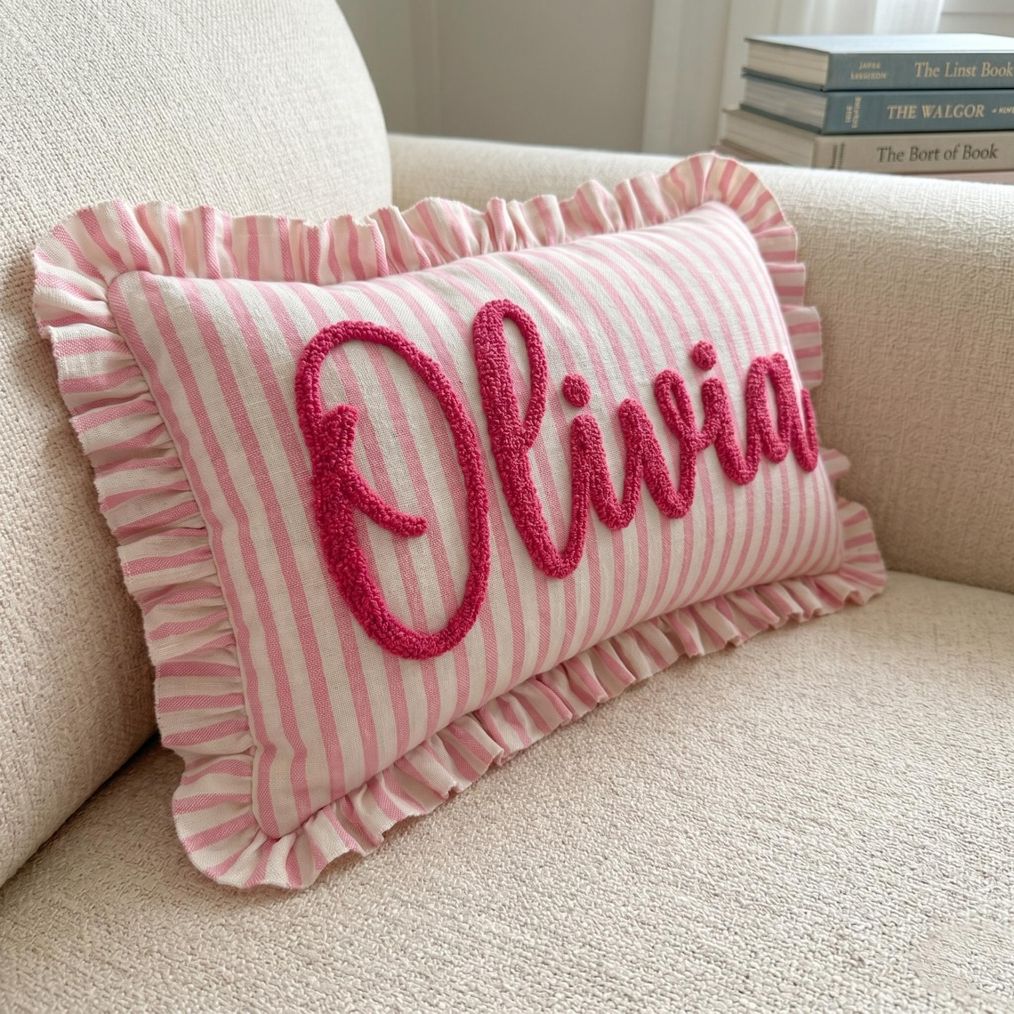 Personalized Striped Ruffled Punch Needle Throw Pillow: Embroidered Baby Name TH10 170319