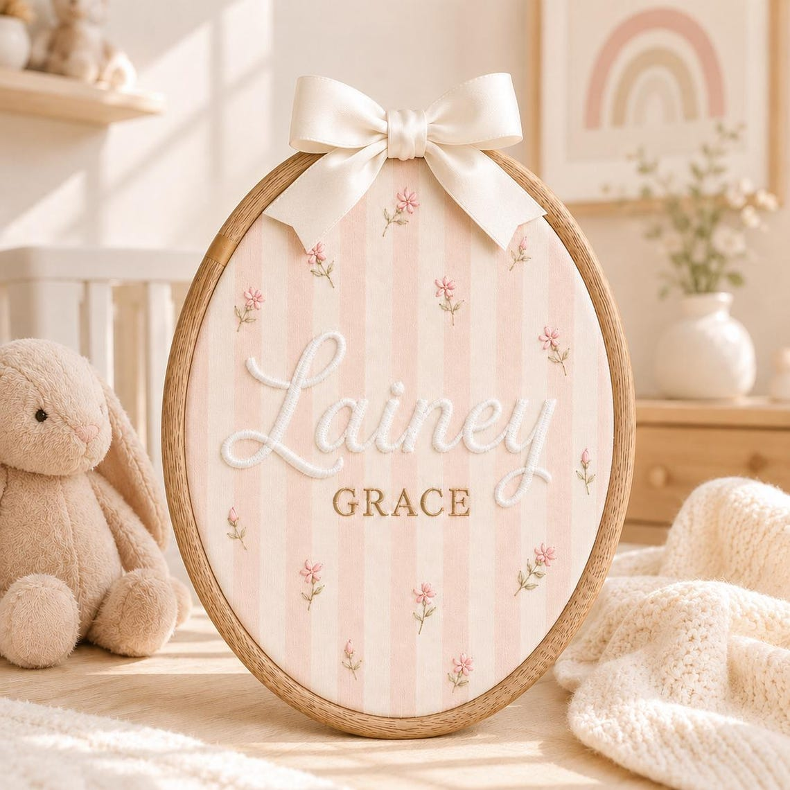 Personalized Pink Stripe Baby Name Hoop, Floral Embroidered Nursery Decor TH10 170435