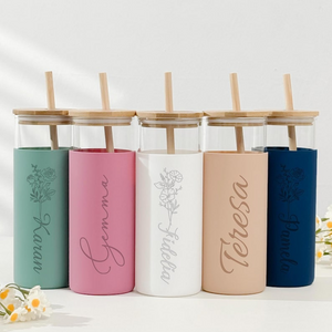 Personalized Birth Flower Name Glass Can With Lid Silicone Sleeve TH10 896881