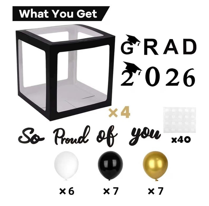 2026 Graduation Party Decoration Black Balloon Boxes with Letters 2026 Grad & So Proud of You and 20 Balloons TH10 898637