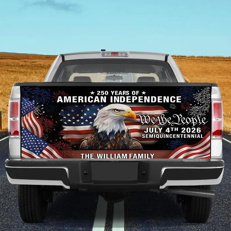 Custom 250th Anniversary Eagle American Flag Tailgate Wrap, Usa Flag Vinyl Truck Decal 4th of July, Personalized Family Name TH10 169787