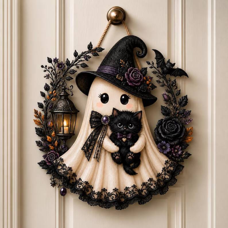 Witch Ghost With Black Cat Halloween Door Sign HO82 903546