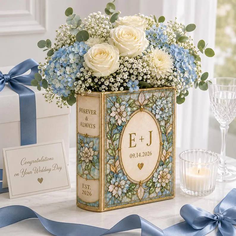 Personalized Stained Glass Effect Ceramic Book Vase, Custom Wedding Flower Vase, Couple Initials Gift HO82 903454