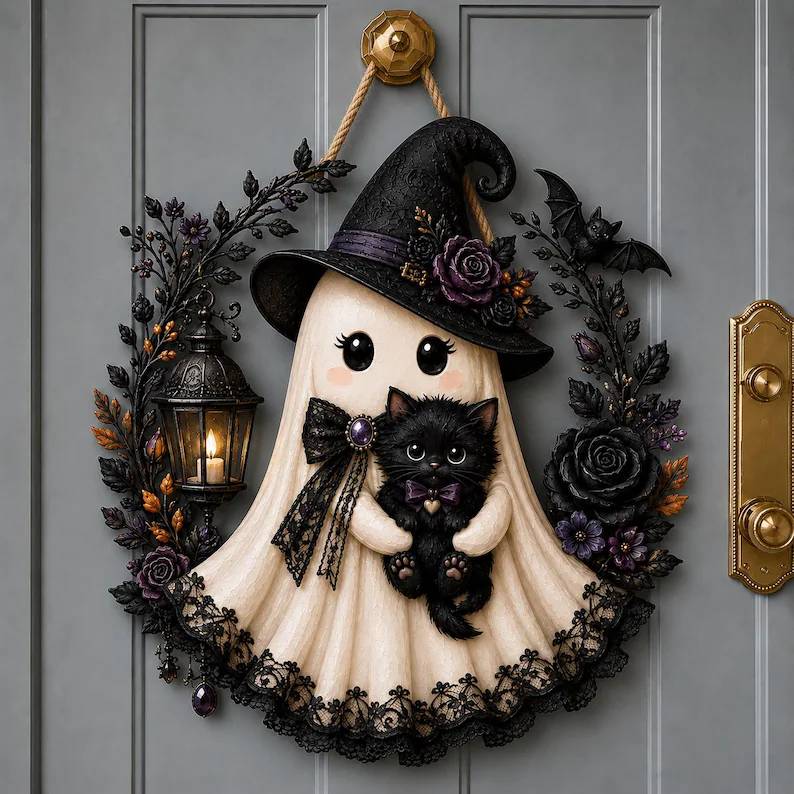 Witch Ghost With Black Cat Halloween Door Sign HO82 903546