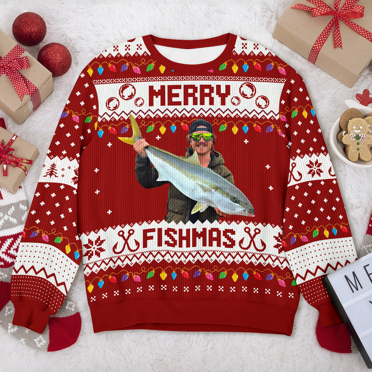 Custom Photo Merry Fishmas Ugly Sweater For Fishing Lovers HO82 900424
