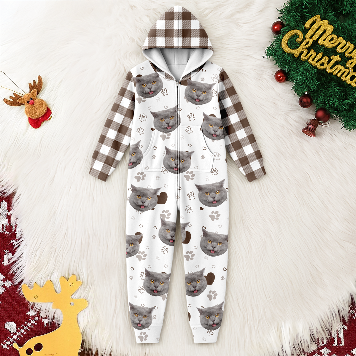 Custom Cat Photo Plaid Onsie Pajamas Christmas Gift For Cat Lovers CH07 899644