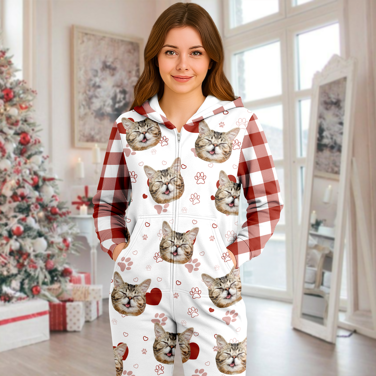 Custom Cat Photo Plaid Onsie Pajamas Christmas Gift For Cat Lovers CH07 899644