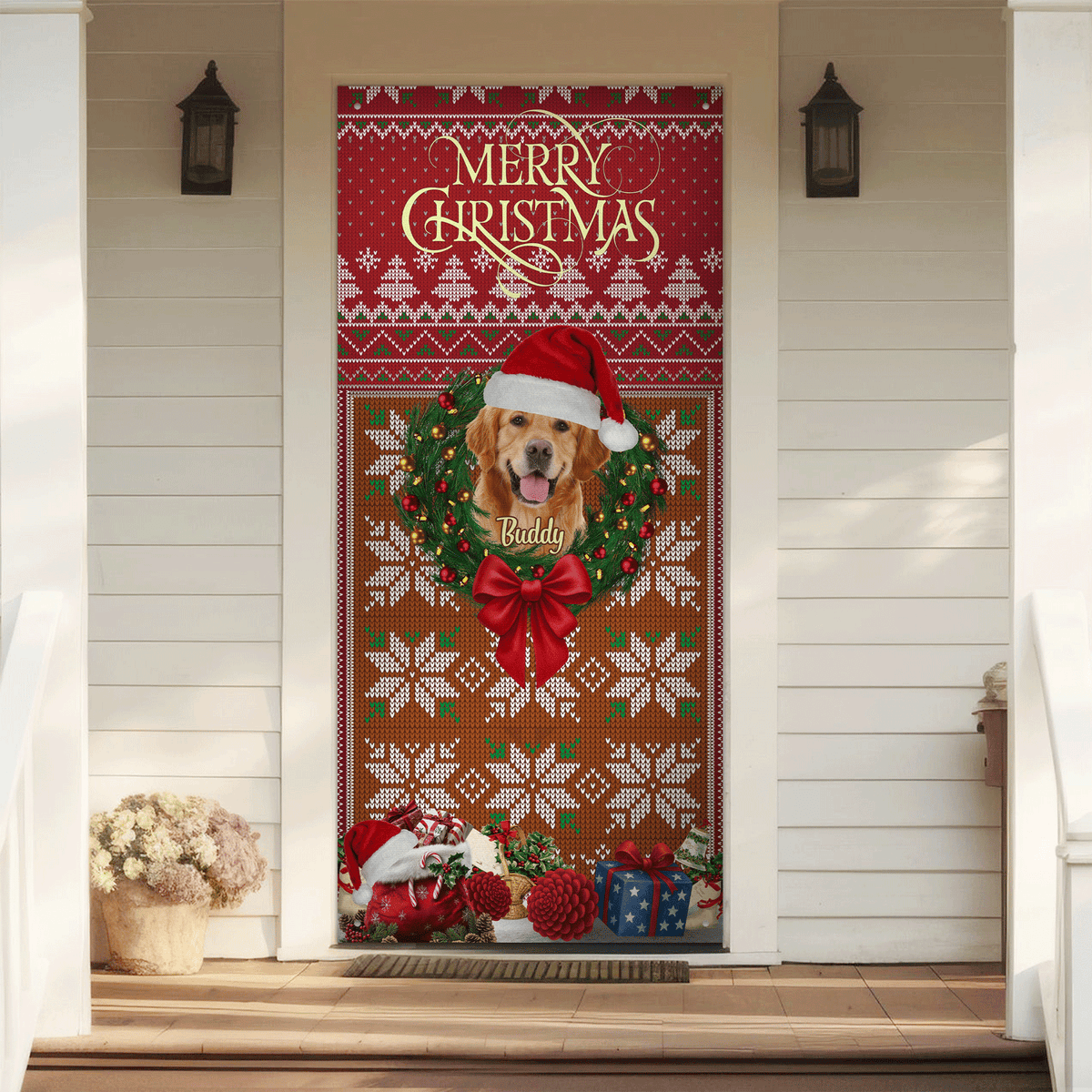 Custom Dog Photo In Wreath Christmas Door Cover Gift For Dog Lovers HO82 900316
