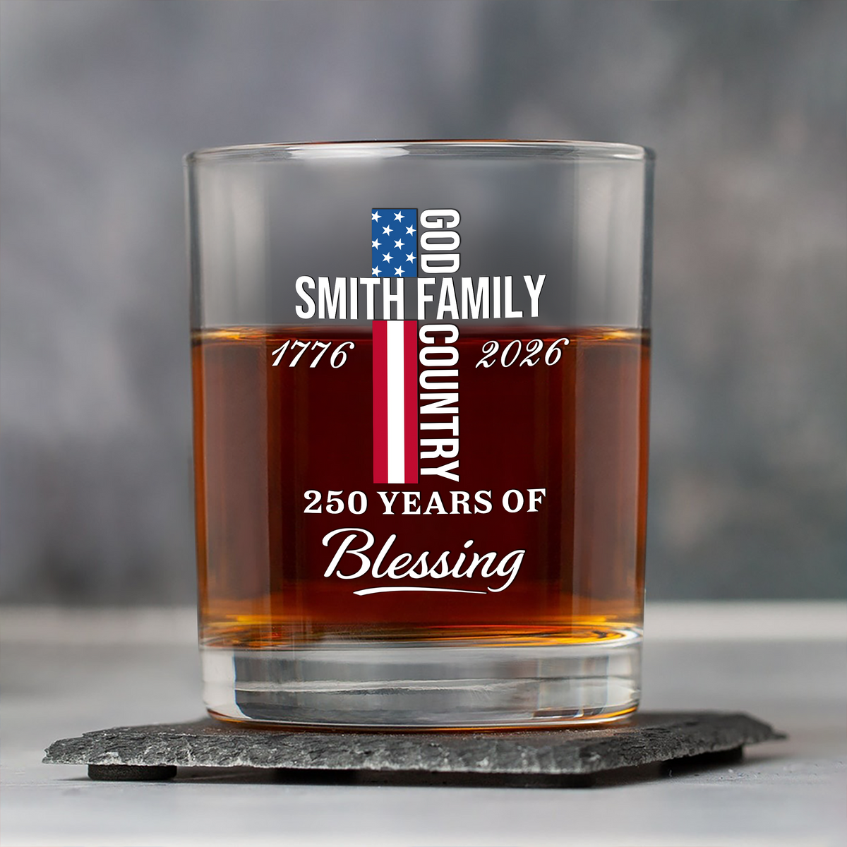 Custom Family Name Patriotic American, 250 Years of Blessing God Whiskey Glass LM32 899017