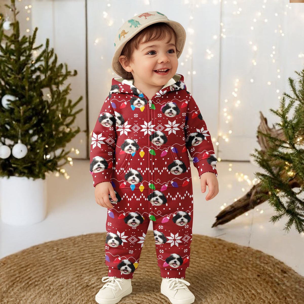 Custom Dog Face Funny Christmas Lights Onesie Pajamas HO82 900390