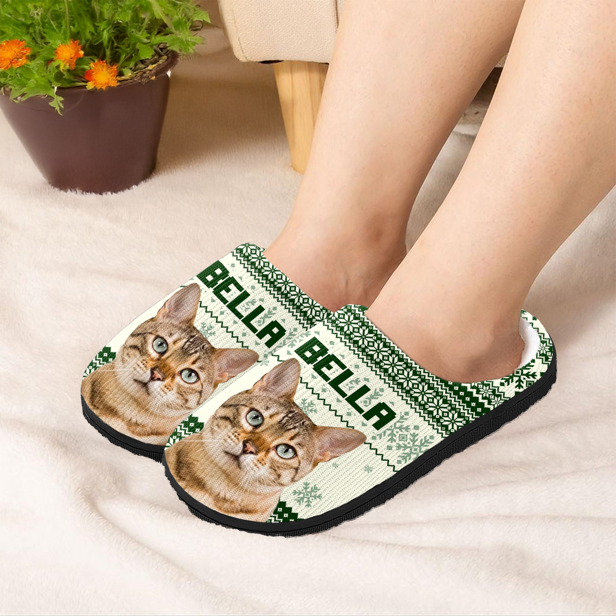 Custom Cat Photo Christmas Slipper For Cat Lovers CH07 896784
