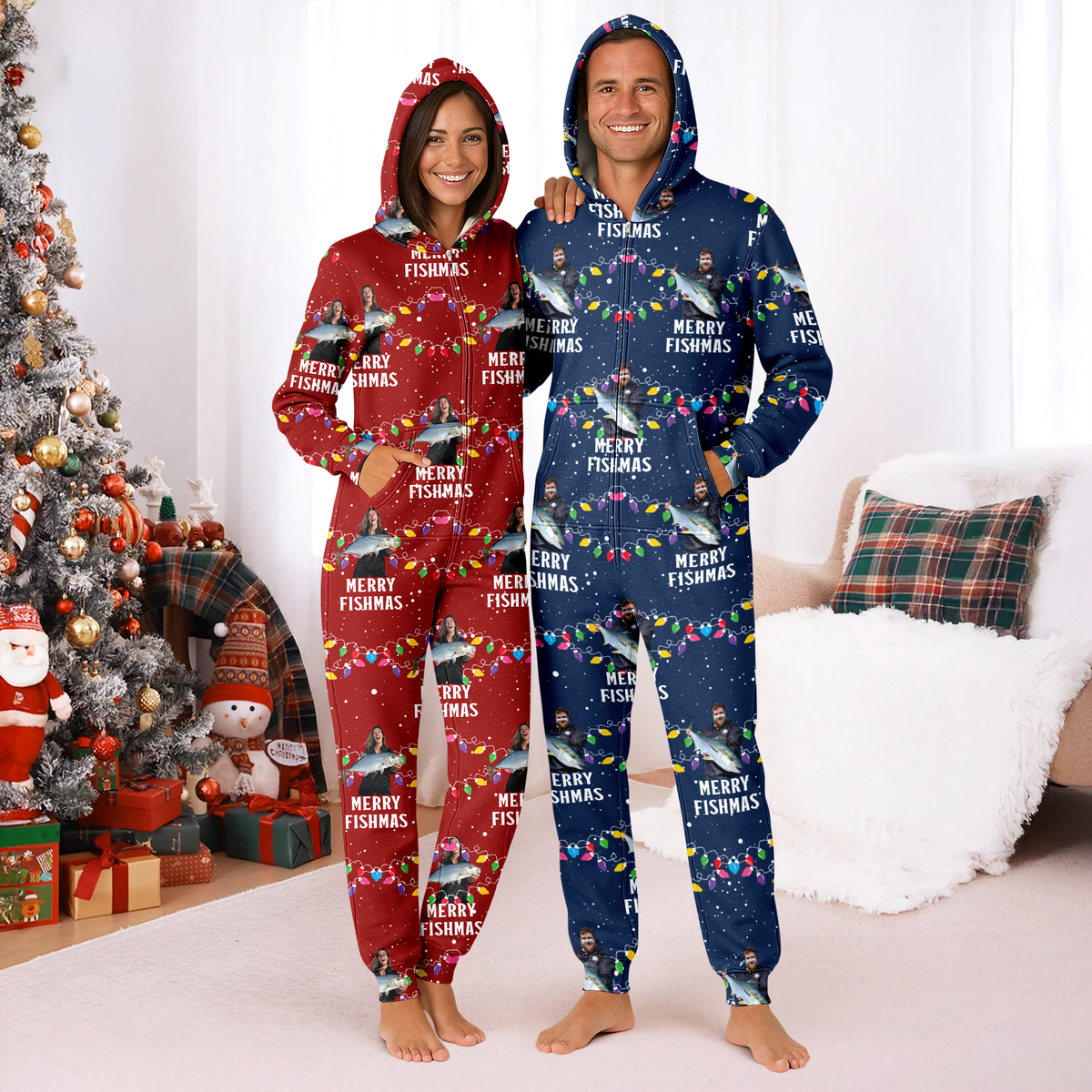 Custom Photo Merry Fishmas Onesie Pajamas, Christmas Gift For Family, Fishing Lovers HO82 900632