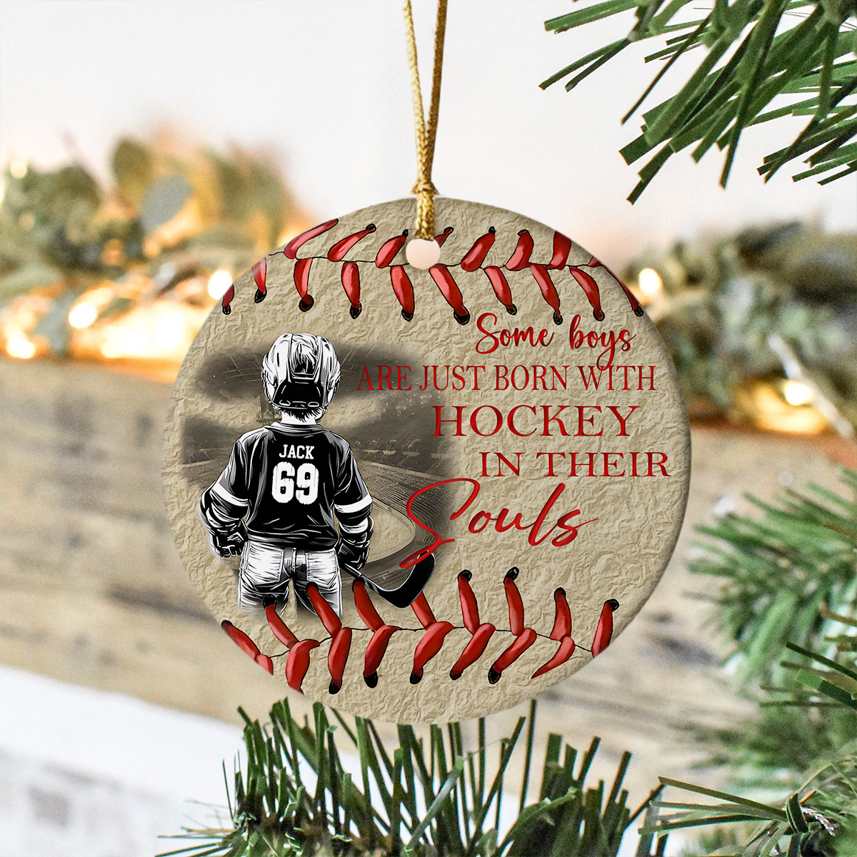 Custom Photo Some Boys Are Just Born With Hockey, Xmas Gift For Hockey Lovers Ceramic Ornament HO82 894980