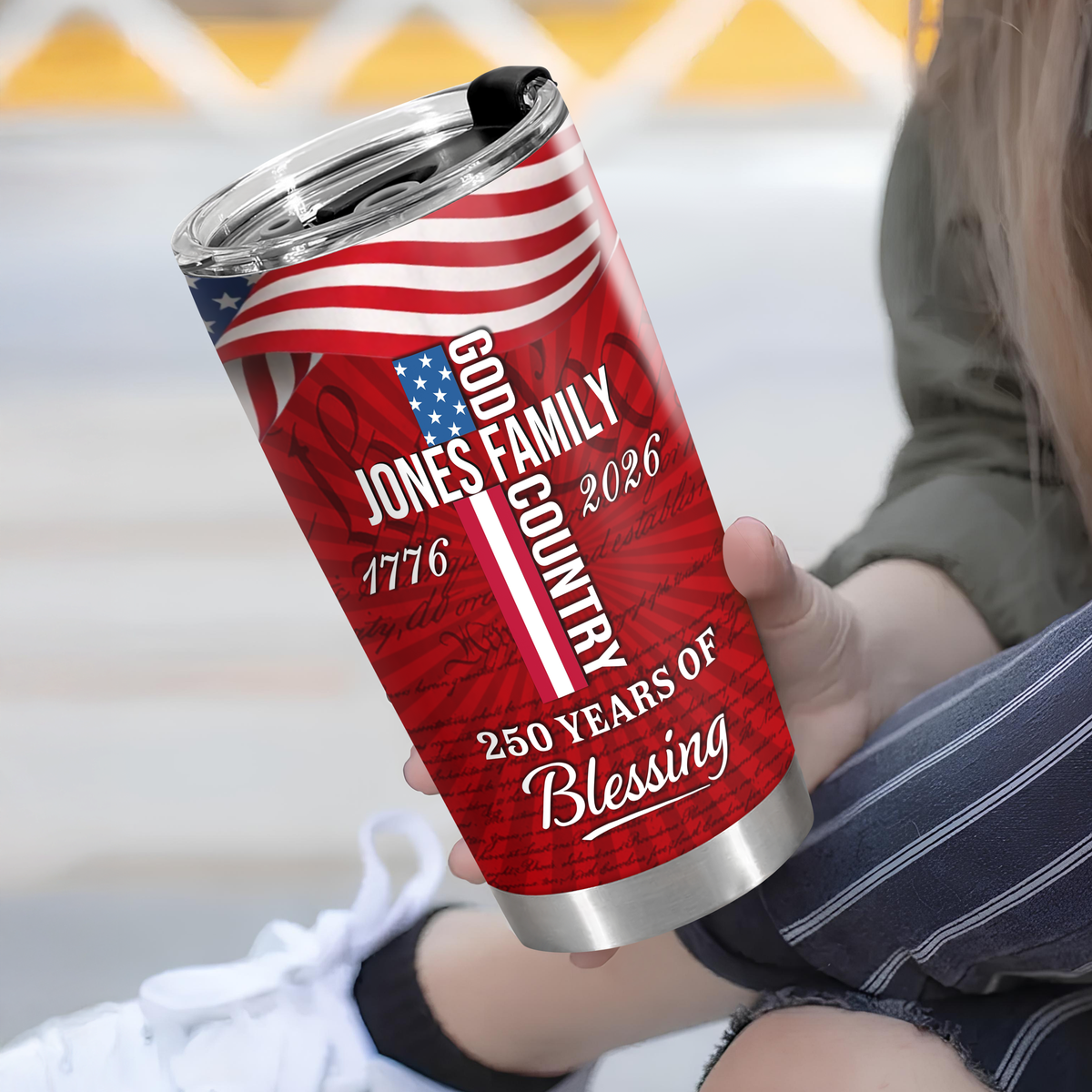 Custom Family Name Patriotic American, 250 Years of Blessing God Fat Tumbler LM32 899015