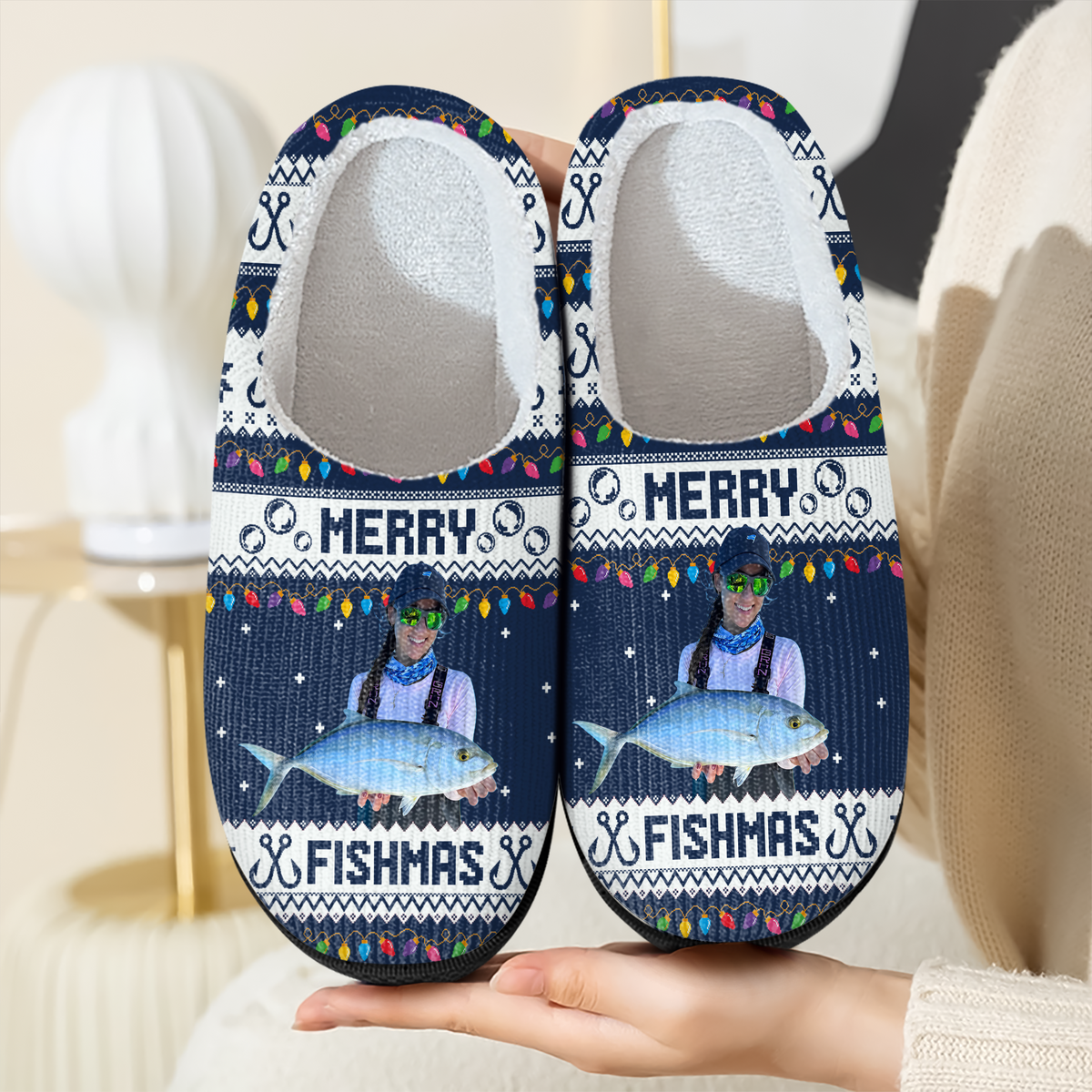 Custom Photo Merry Fishmas Slippers For Fishing Lovers HO82 900426
