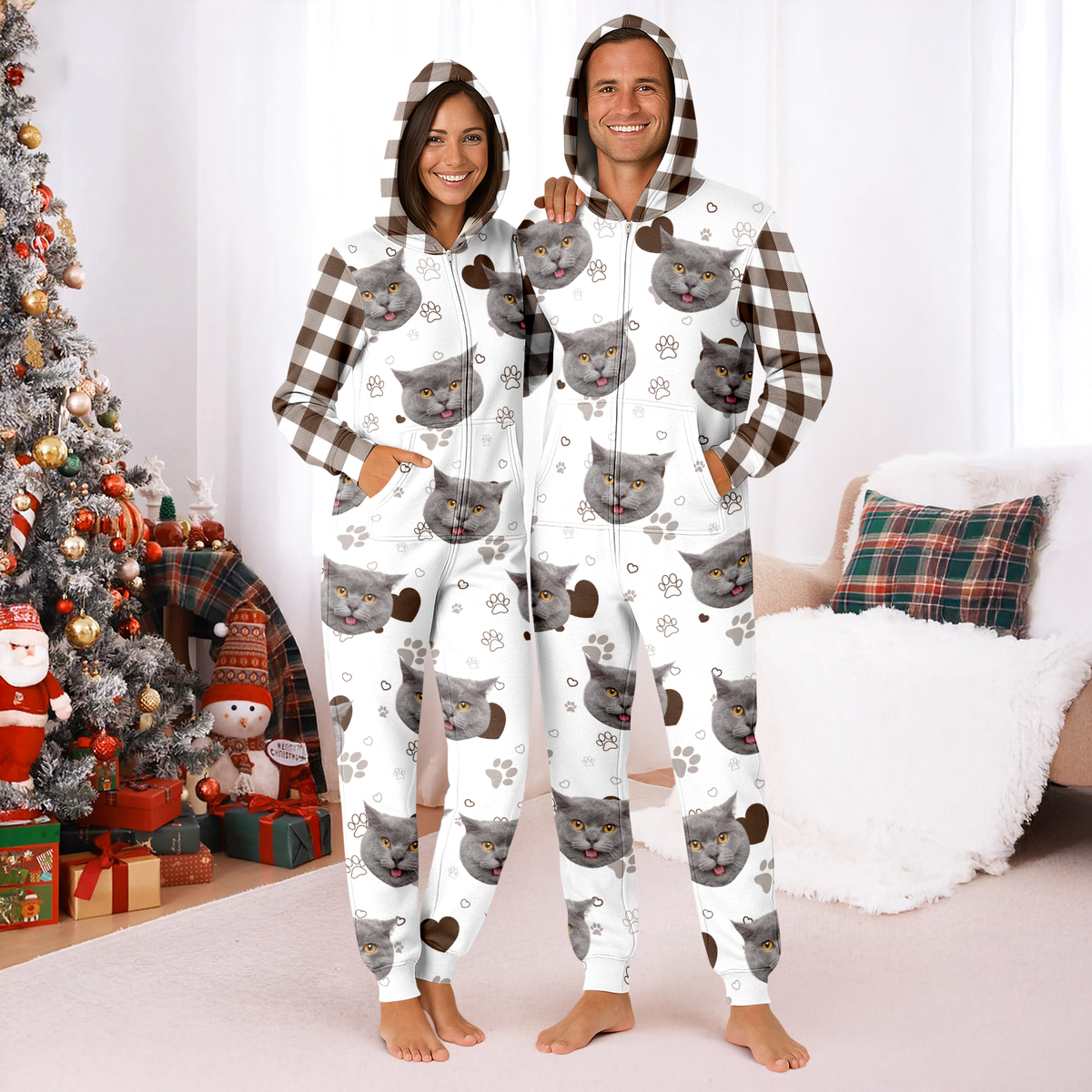 Custom Cat Photo Plaid Onsie Pajamas Christmas Gift For Cat Lovers CH07 899644