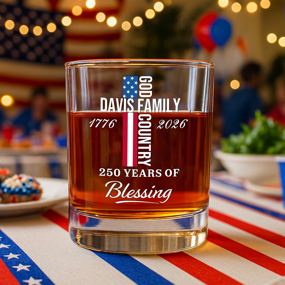 Custom Family Name Patriotic American, 250 Years of Blessing God Whiskey Glass LM32 899017