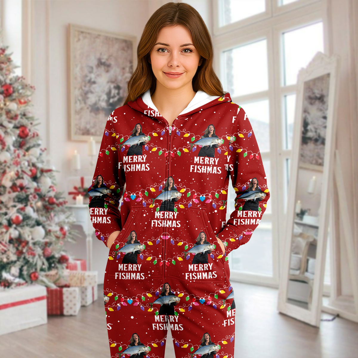 Custom Photo Merry Fishmas Onesie Pajamas, Christmas Gift For Family, Fishing Lovers HO82 900632