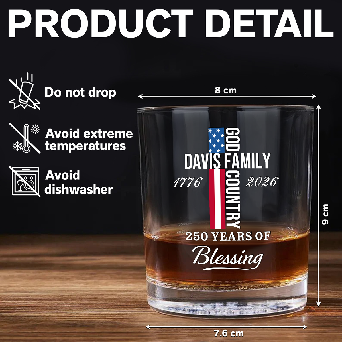 Custom Family Name Patriotic American, 250 Years of Blessing God Whiskey Glass LM32 899017