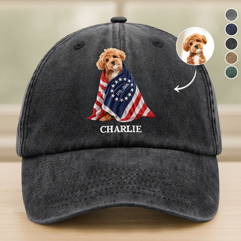 Custom Photo Dog Cat With US 250 Washed Denim Baseball Cap HO82 901260