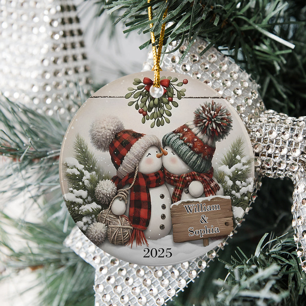 Personalized Kissing Snowman Couple Ceramic Ornament HA75 897220
