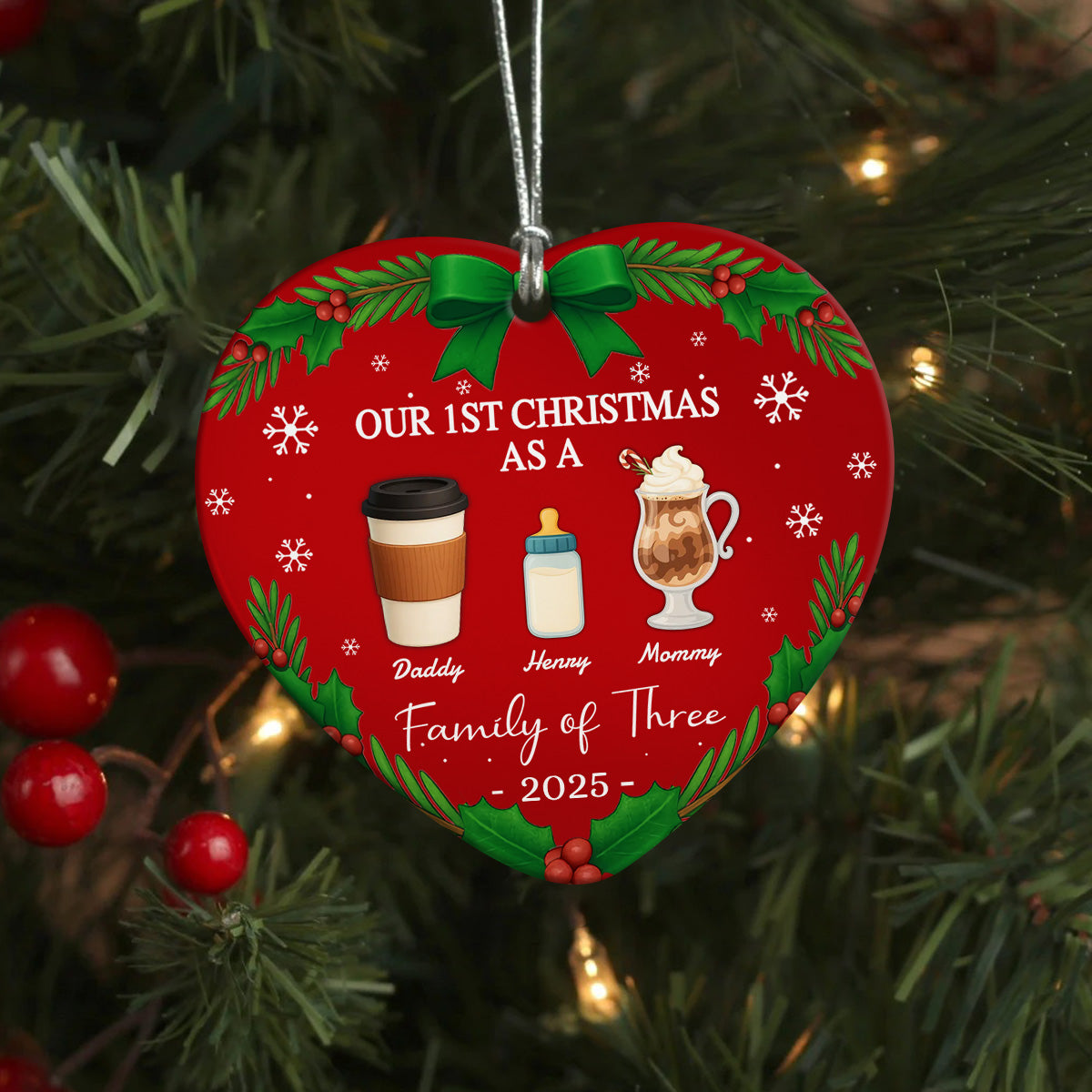 Our First Christmas As A Family Personalized Christmas Heart Shaped Ceramic Ornament HA75 897802