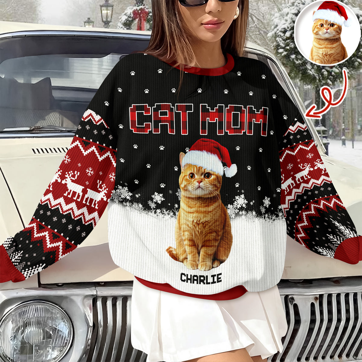 Custom Cat Photo - Cat Mom Cat Dad Christmas Pattern Ugly Sweater Christmas Gift HA75 897612