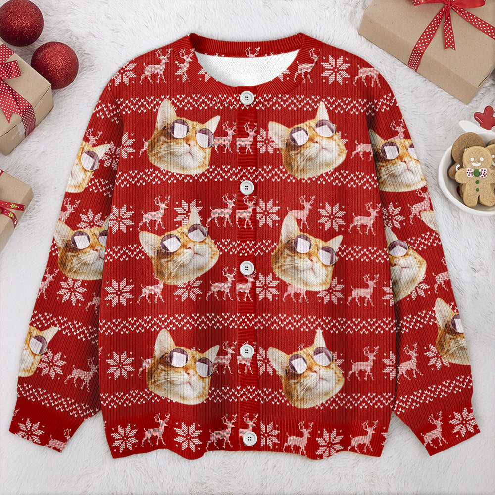 Custom Cat Face Photo With Christmas Pattern Ugly Cardigan CH07 899824