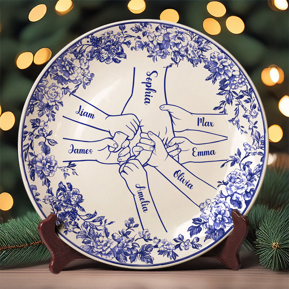 Custom Name Hands in Hands with Mama Chinoiserie Toile De Jouy Style Personalized Ceramic Plate HA75 892654