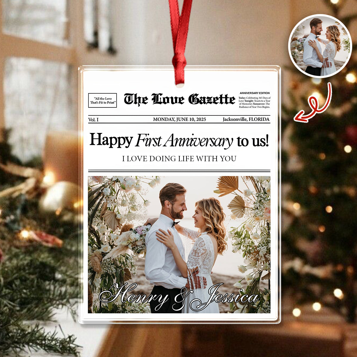 Custom Photo The Love Gazette 1st Anniversary Newspaper Couples Acrylic Ornament HO82 894866