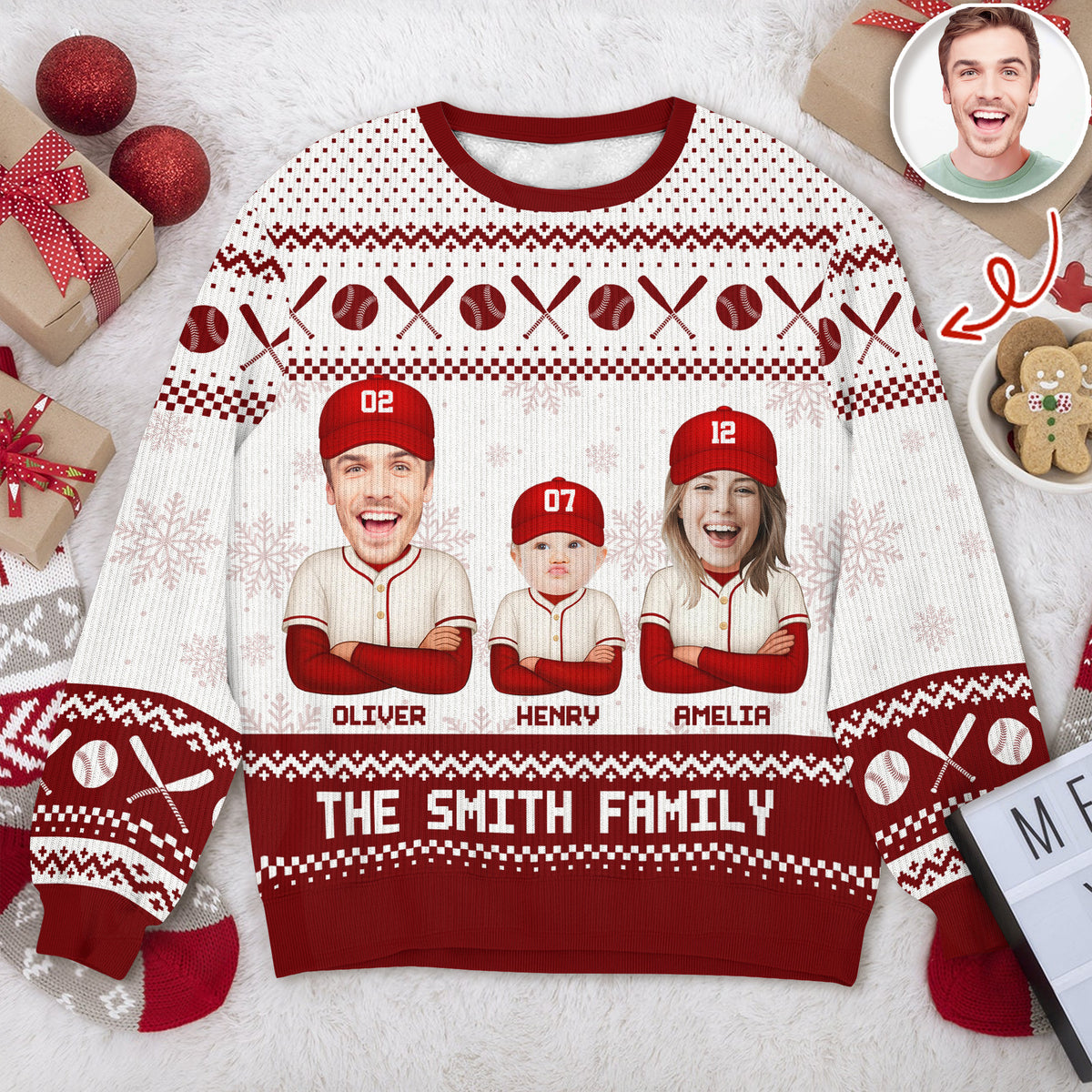 Custom Funny Photo Baseball Family Christmas Ugly Sweater For Sport Lovers LM32 895809