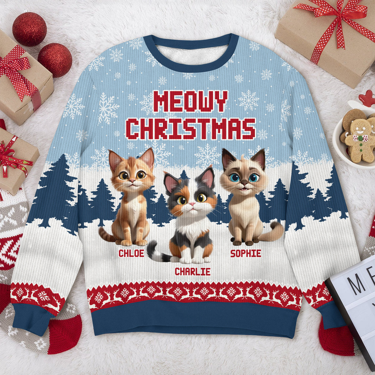 Personalized 3D Cute Cat Meowy Christmas Ugly Sweater For Cat Lovers LM32 895995