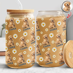 Custom Dog Photo And Name Daisy Glass Can With Lid Gift TH10 896787